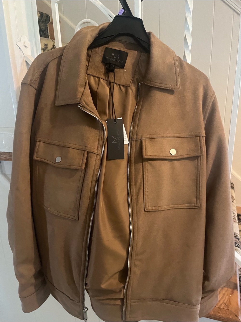 Magaschoni Men's Zip-Front Shirt Jacket in Light Brown